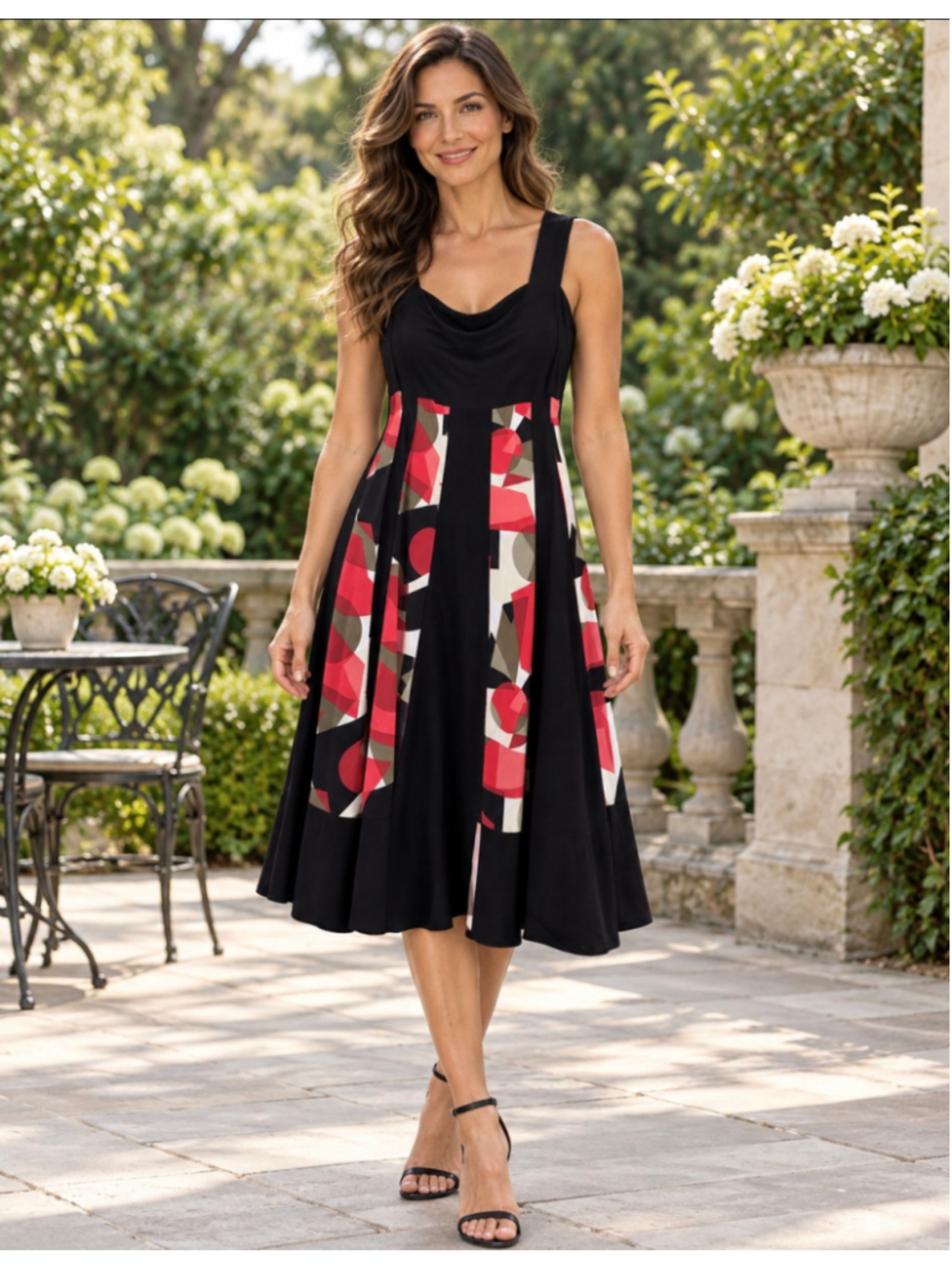 Women's R&M Richards Midi Dress Size 16 Black Red Geometric Print